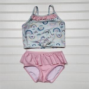 RuffleButts Rainbows Ruffled Two Piece Tankini Swimsuit Size 2T Blue/Pink